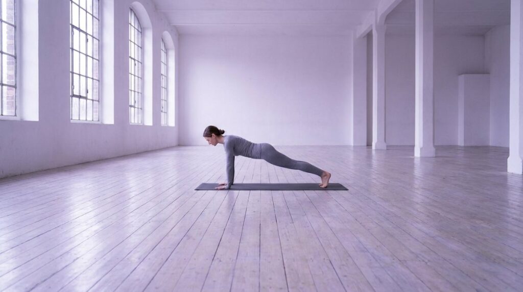 A woman holding a steady plank on a mat in a bright open studio with arched windows
