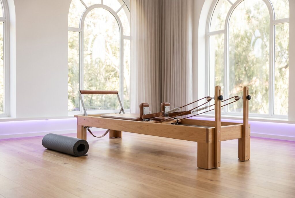 Wooden Pilates Reformer in a bright studio, apparatus used for Pilates for physical rehabilitation at Swan Pilates Las Vegas